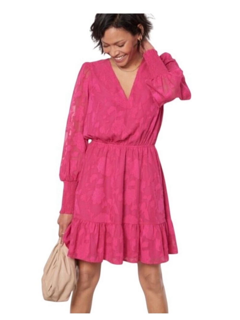 Evereve Hot Pink V-Neck Ruffle Mini Dress with Bishop Sleeves